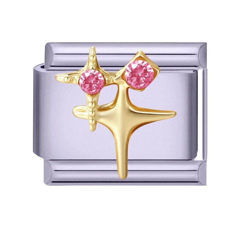 Gold Zircon Heart Star Moon Bow Knot Italian Charm Link Fit Stainless