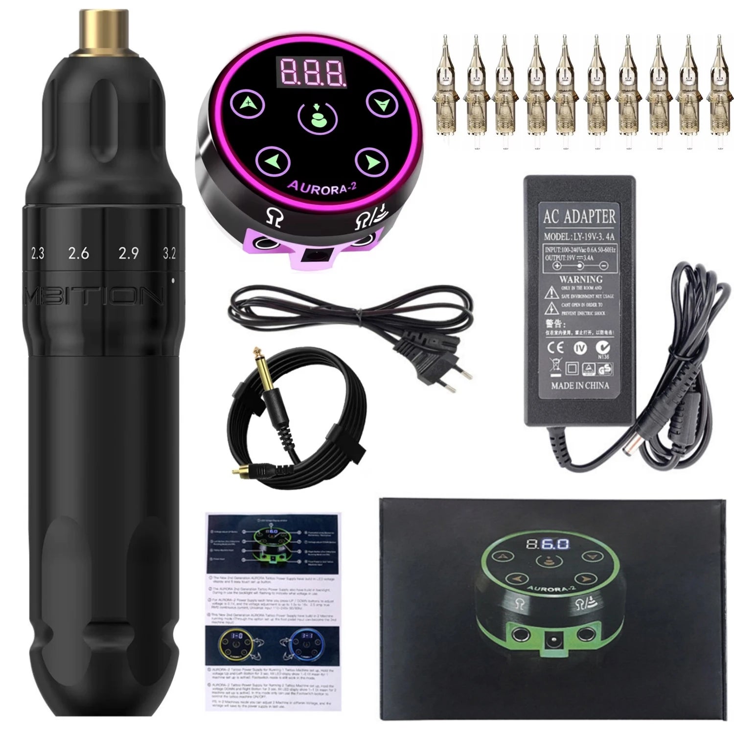 2026 New Sally Permanent Makeup Tattoo Pen Machine Kit Set adjustable PMU Rotary Pen Stroke 2.0-3.5mm AURORA-2 Power Supply Qme Black Pen Kit BK