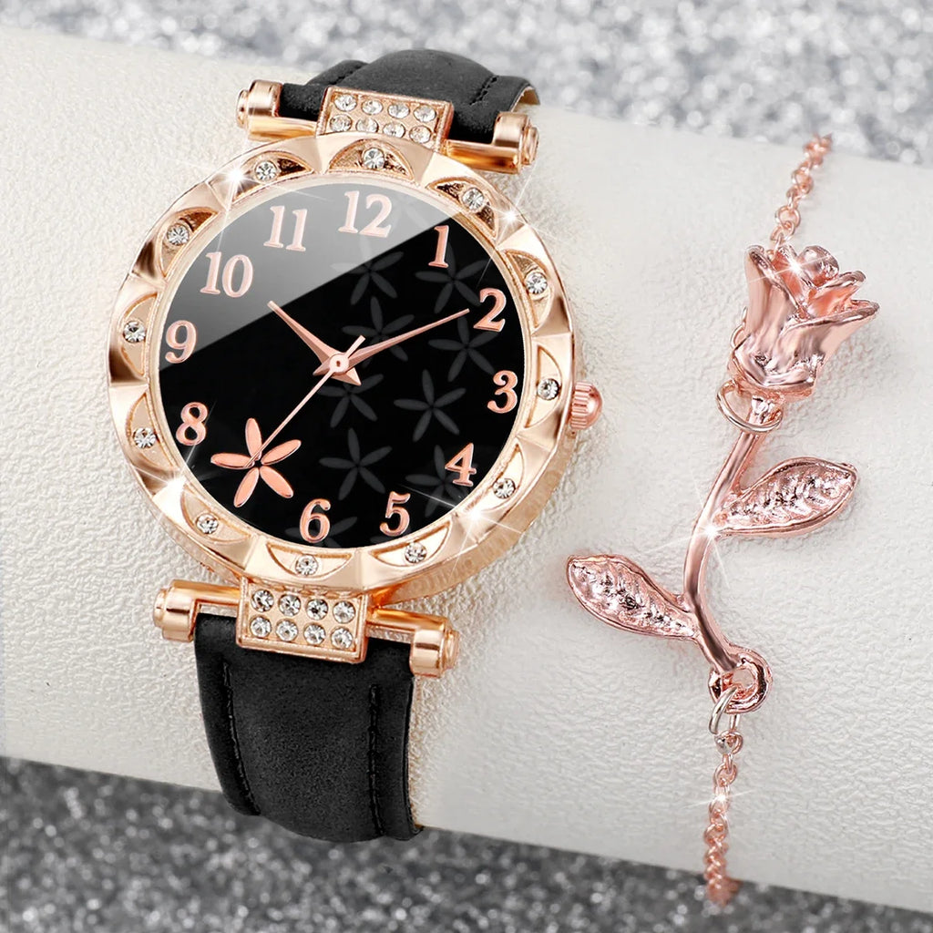 2 Pçs/set Moda Flor Dial Relógio Feminino Pulseira de Couro Analógico Relógios de Quartzo Rosa BraceletSet (Sem Caixa) Qme