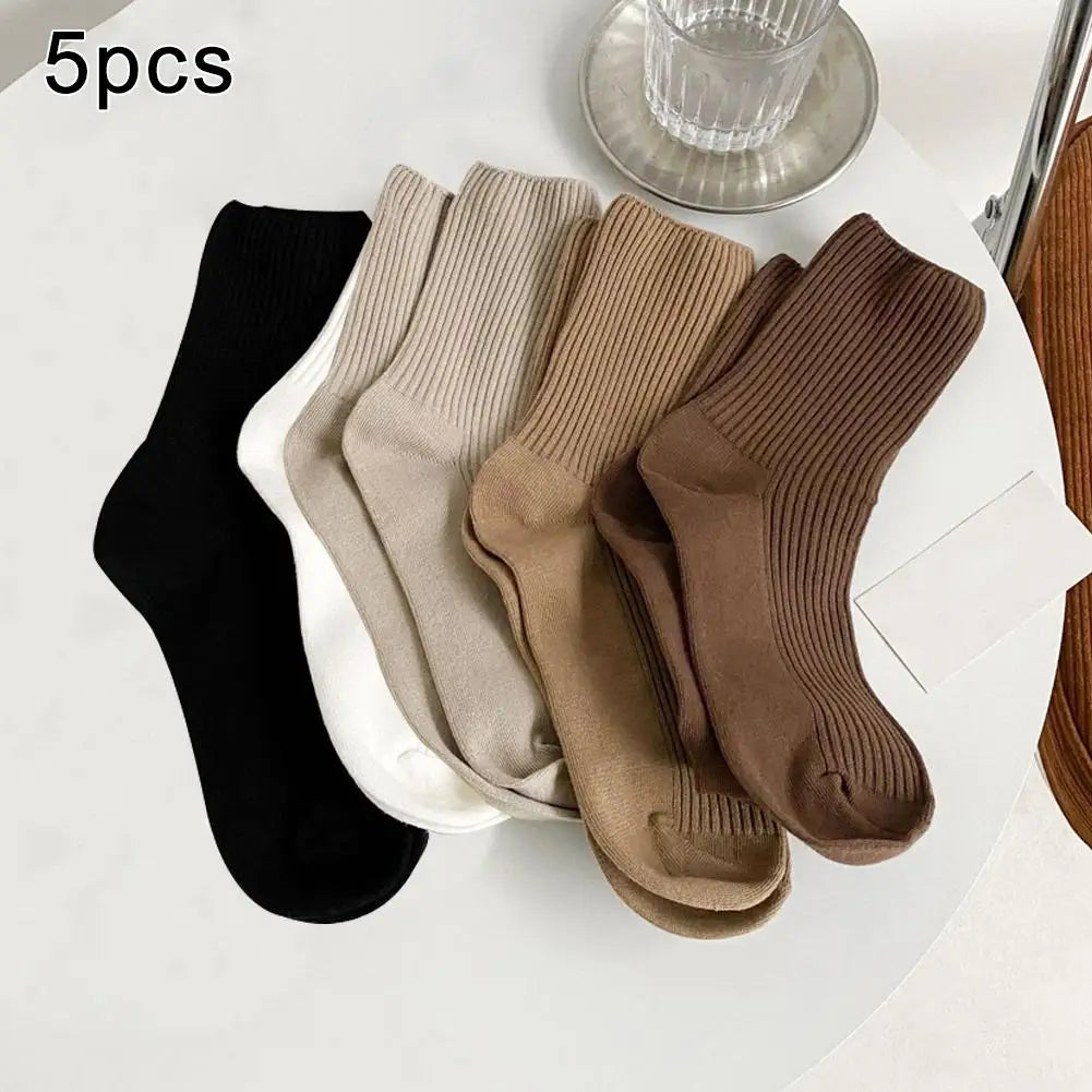 5 Pairs Of New Japanese Socks Set Solid Color Women's Casual Cotton Socks Autumn Simple Women's Medium Length Socks Qme A
