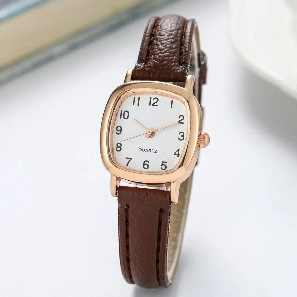 Kegllect Square Women Simple Small Dial Student Watches Vintage Belt Quartz Wristwatch Qme Brown White No