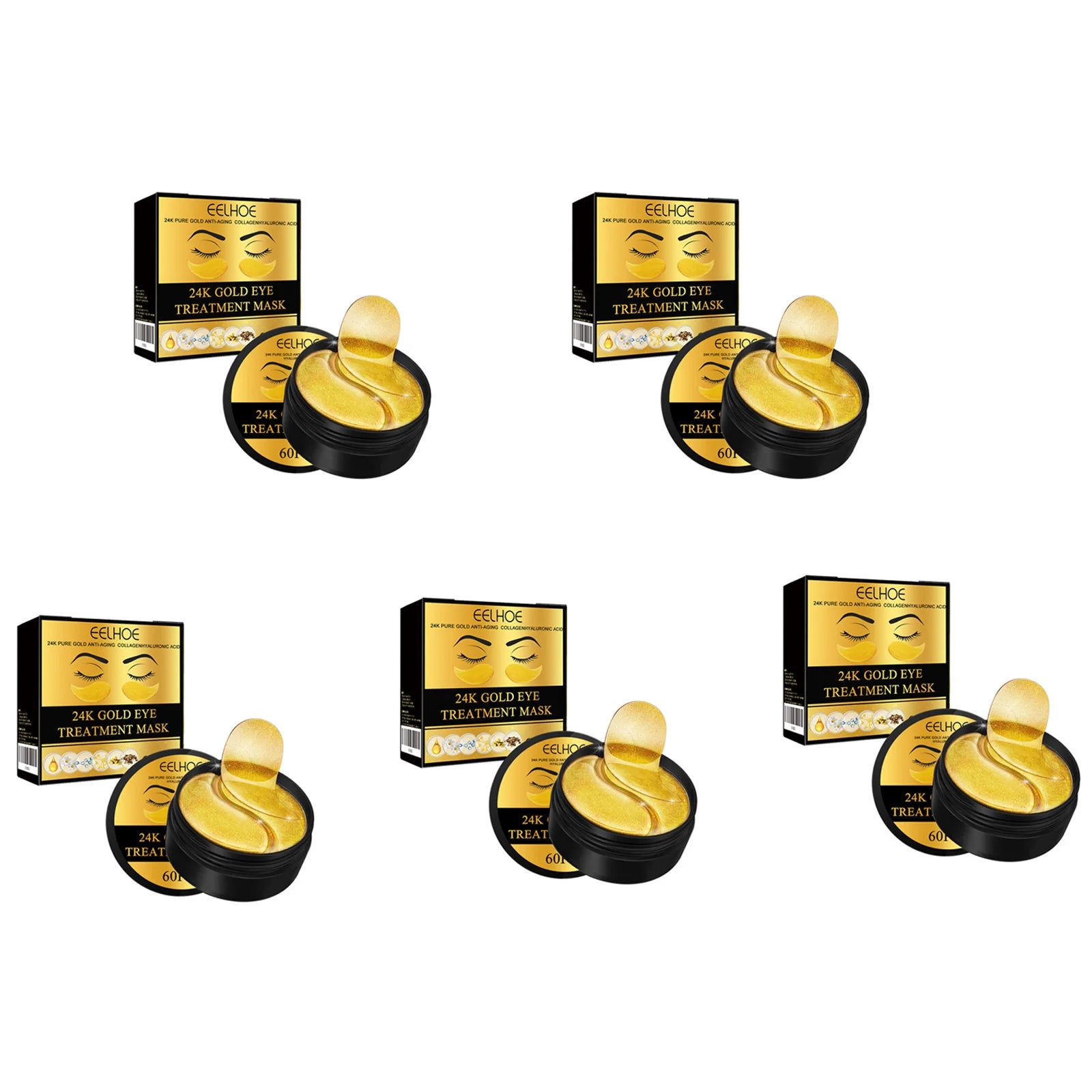 24K Gold Eye Treatment Mask Remove Dark Eye Circles Firming Fade Fine Lines Anti-Aging Hyaluronic Acid Collagen Under Eye Mask Qme 5 x 60Pcs Boxed
