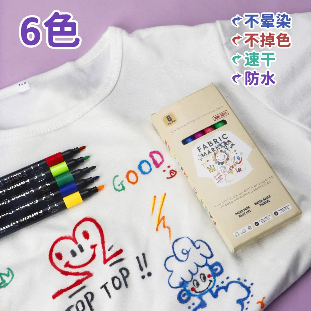 6-30 Colors Fabric Markers - Fine Tip Fabric Markers Permanent for Clothes - No Bleed Pens for T-Shirts, Bags, Textile, Canvas Qme 6 colors