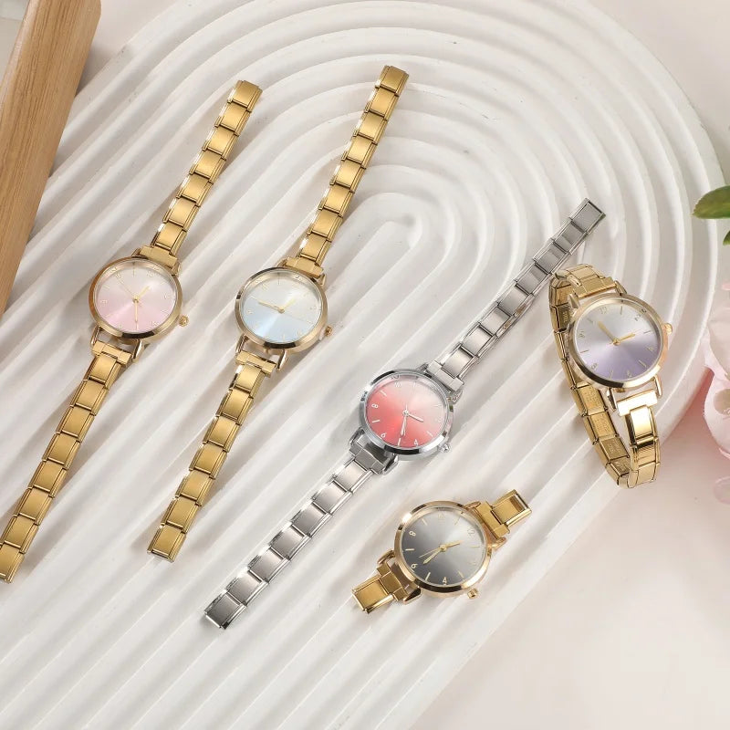 Fashion Women's Stainless Steel Round Blush Watch DIY High Quality Watch Bracelet Bangle For Party Friend Birthday Jewelry Gifts Qme