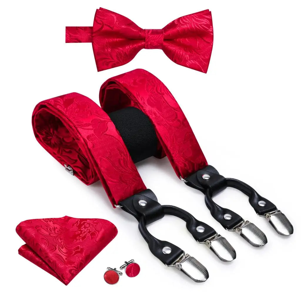 Hi-tie Jacquard Woven Silk Gold Mens Suspender Braces Bow Tie Hanky