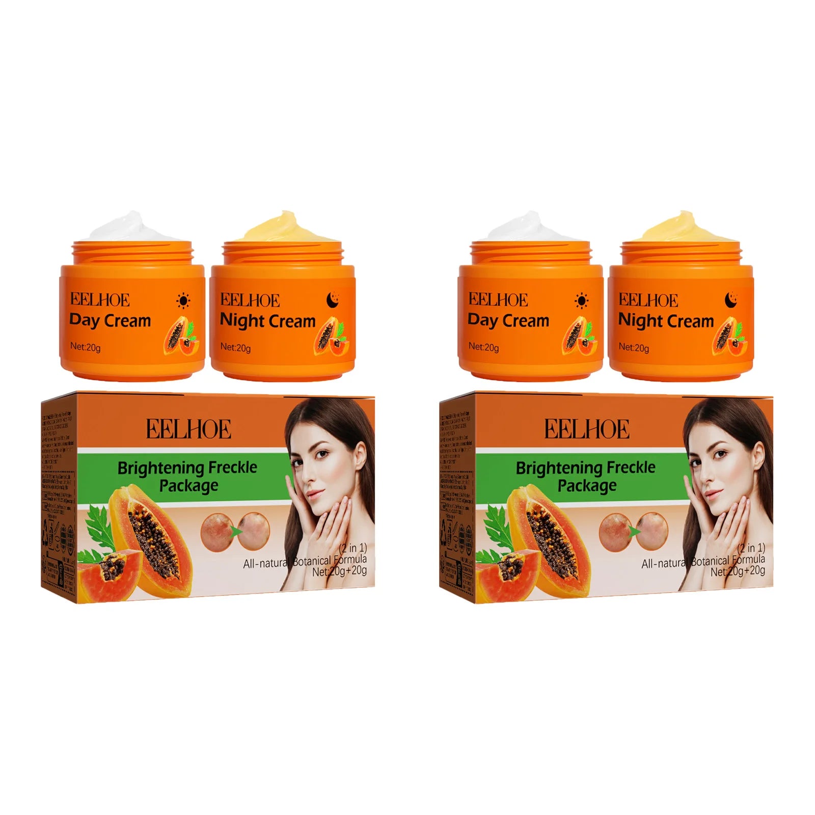 Papaya Brightening Freckle Face Cream Set Day Night Sun Spots Corrector Fade Pigment Brighten Skin Tone Day & Night Moisturizer Qme 2 Sets