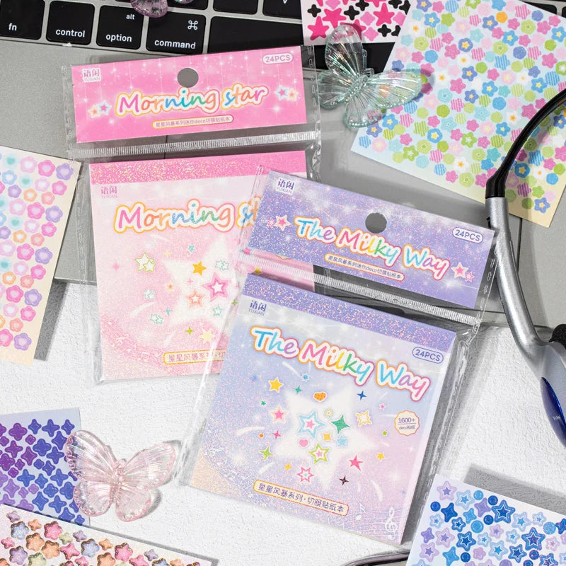 24Pcs/book Cute Die-cut Flash Decorative Stickers Book DIY Scrapbook Phone Case Decoration Collage Material Aesthetic Stationery Qme