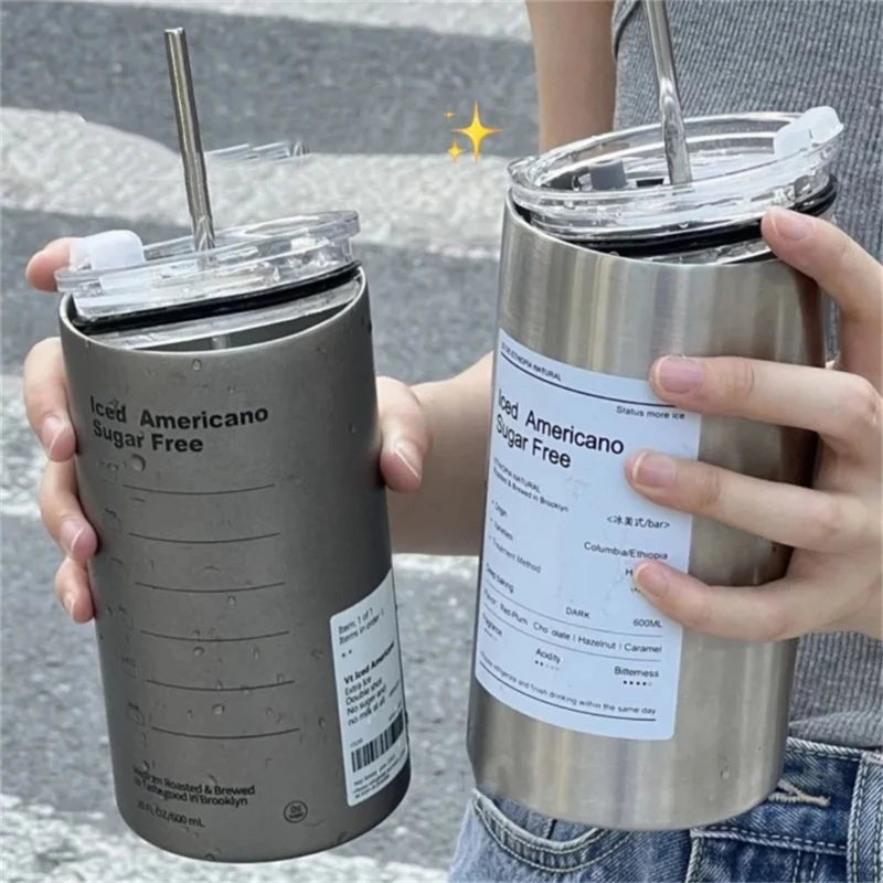 Thermos Portable Stainless Steel Coffee Cup Bottle Straw Insulation Qme