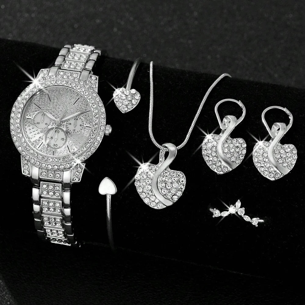 Women's Quartz Watch Gold Luxury Women Ring Necklace Earring Rhinestone Fashion Wristwatch Casual Ladies Watches Jewelry Set ﻿ Qme Silver