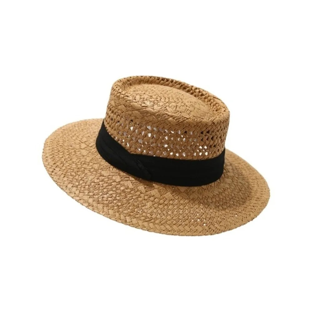 Fashion Wide Brim Hollow Straw Hat Sunscreen Cloth Buckle Western Qme Khaki Black