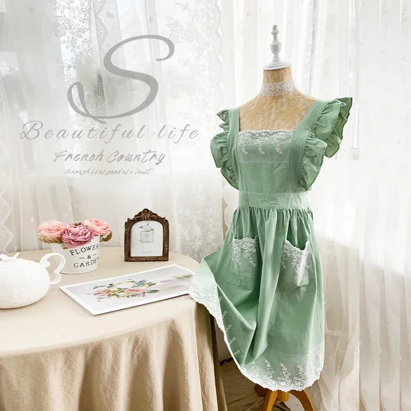 Female Women Apron Cotton Linen Aprons Dress Garden Cafe Kitchen Cooking Florist Palace Style Vintage Fashion Dress Aproning Qme Light green