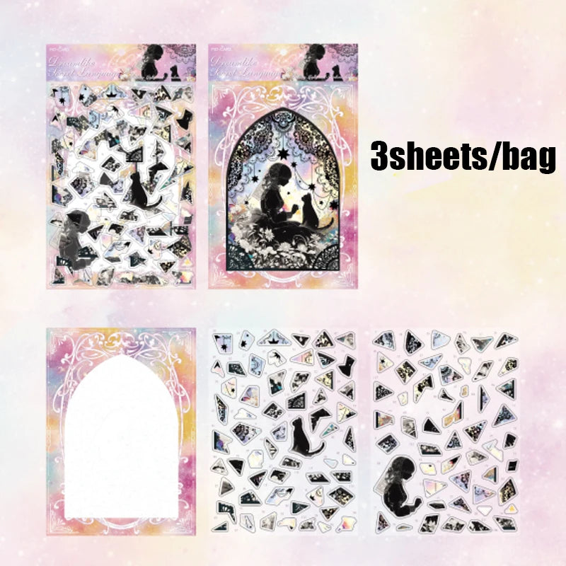 Gothic Dark Cat Theme Crystal PET Puzzle Stickers for DIY Crafts Scrapbooking Journal Phone Case Notebook Decoration Qme 2