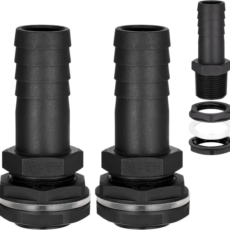 2Piece-mounted rainwater barrel overflow connector 25mmBarbed pipe fitting｜Adaptation1InchBSPThread｜Includes anti-leakage nut an Qme 2pcs Black