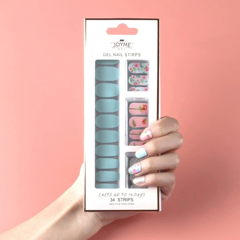 30 34Tips UV-Free Gel Nail Wraps Solid Glitter Stickers No Need UV Qme MK-34Z-A042-10