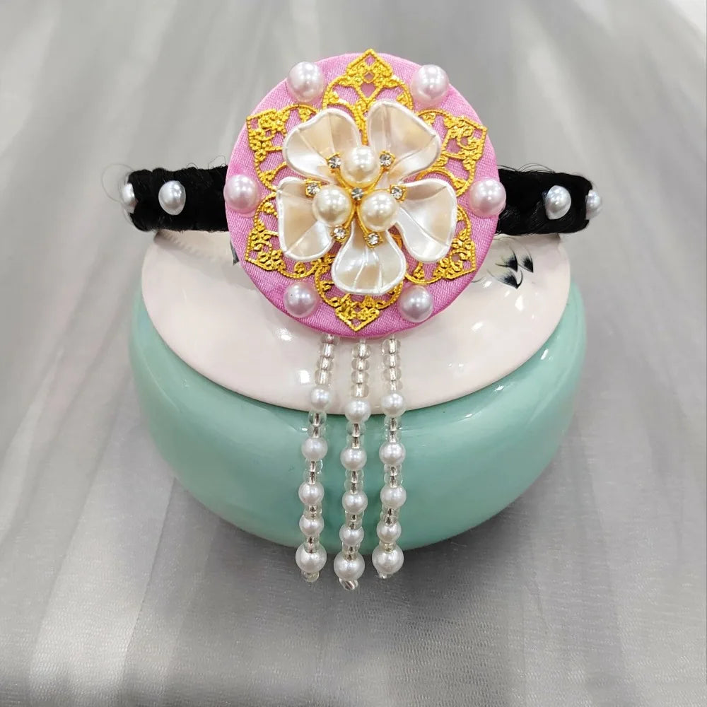 Fashion Flower Korean Headband Pearl Tassels Hanbok Hairband Qme dark pink