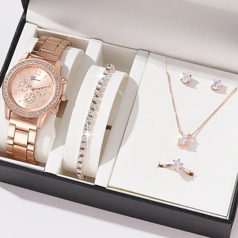 Women Quartz Watch Luxury with Diamonds Simple Stainless Steel Strap Clock Ring Necklace Earrings Rhinestone Set Reloj (no Box) Qme MGJ1