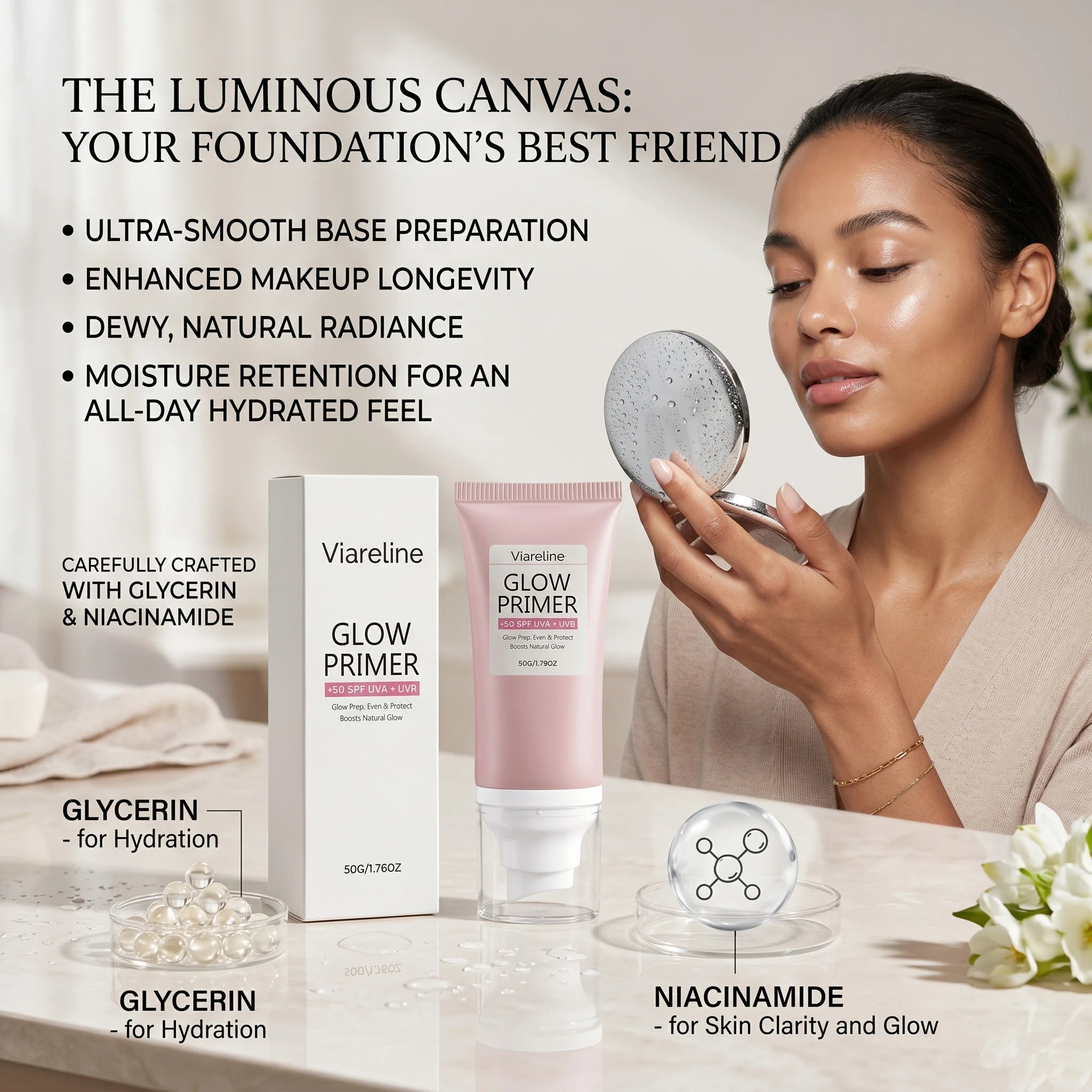 Viareline Glow Primer Makeup Base Spf 50 for Face Brightening Anti UV Protection Oil Control Nicotinamide Invisible Pore Primer Qme