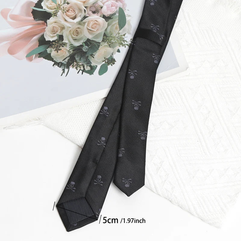 Black Slim Skull Ties Men Women Necktie Pocket Square Cufflinks Qme