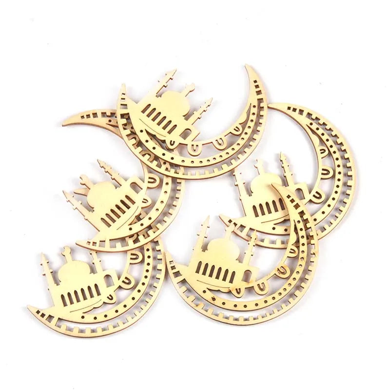 10pcs 4.4-8cm Natural Moon Wood Crafts Pendants Ramadan Party Supplies Muslim Islamic Decor Eid Mubarak Hanging Wooden Ornament Qme