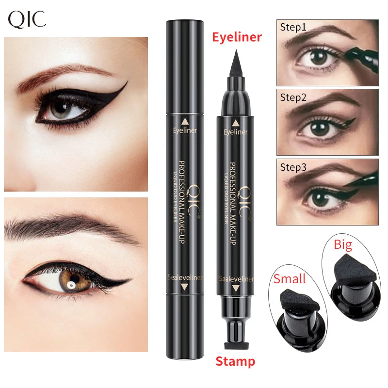 Dual-End 2-in-1 Stamp Eyeliner Pen, Quick Dry Waterproof Smudge-proof Cat Eye Lazy Eyeliner Liquid Pen for Beginners Qme