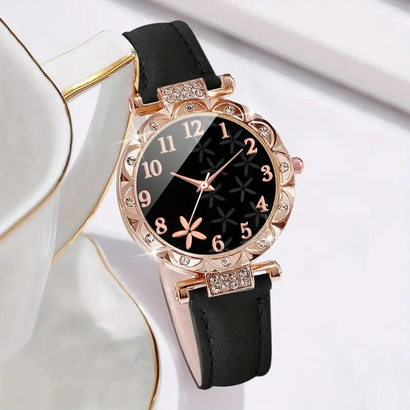 Rose Gold Black Leather Ladies Watch Set Crystal Bezel Flower Dial Heart Zircon Bracelet Women Workplace Jewelry Kit Qme