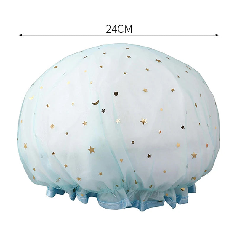 Waterproof Adult Women Shower Bath Cap Shampoo Cute Glitter Qme Blue