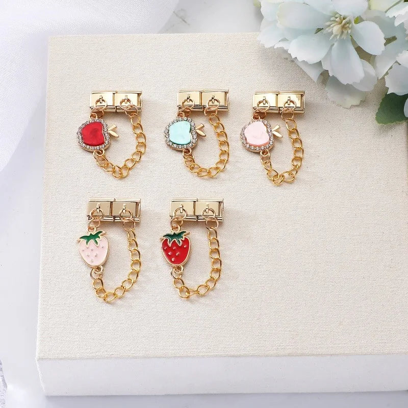 Shiny Zircon Red Apple Fruit Strawberry Cherry Chain Italian Charm Links Fit 9MM Bracelet Stainless Steel Women DIY Making Gifts Qme