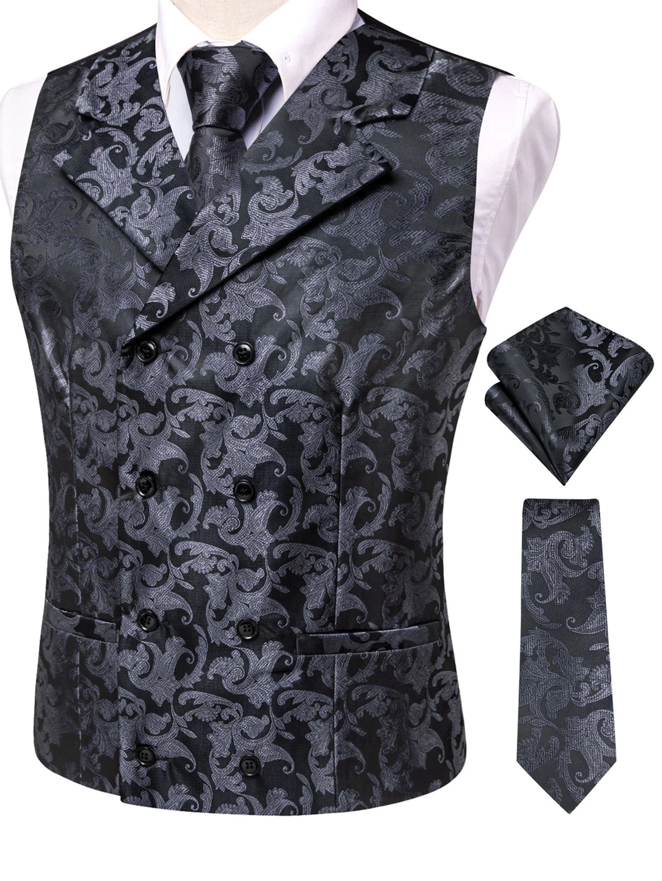 Men's Formal Paisley Jacquard Vest Set – Classic Waistcoat with Matching Tie Hankerchief Cufflinks Ideal for Banquets Qme HT-MJ-0090 XXXL
