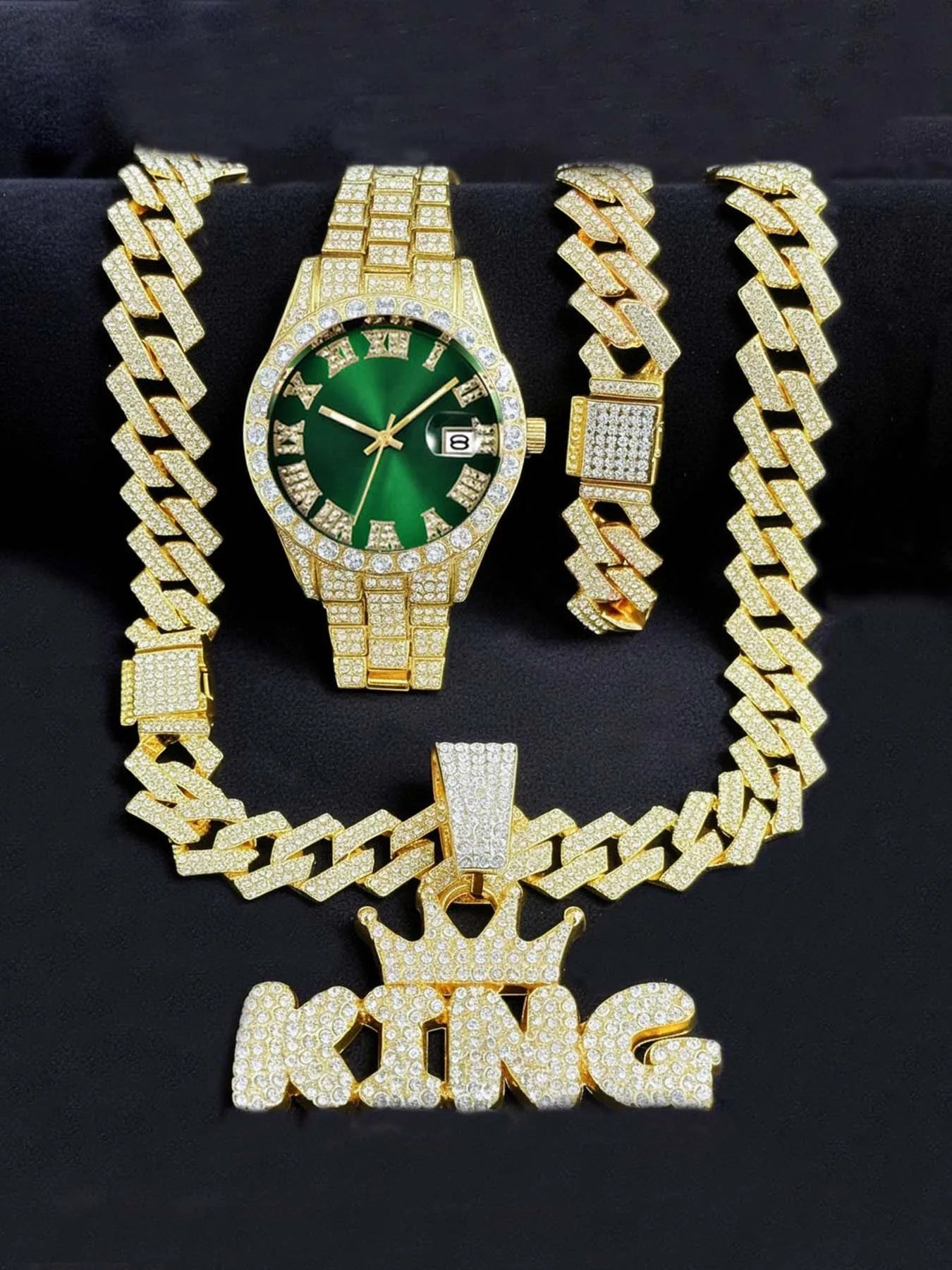 Men's Bling Jewelry Set: Gold Iced Out Watch + Cuban Link Chain + Bracelet + "KING" Crown Pendant Necklace, 3Pcs Hip Hop Set Qme Coffee