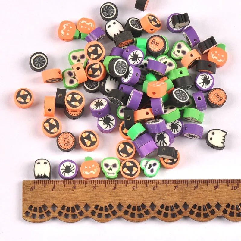 50pcs 10mm Colorful Polymer Clay Mix Pumpkin/Skull/Spider Halloween Beads Jewelry Making Accessories DIY Decor Kids Party Gifts Qme mixed