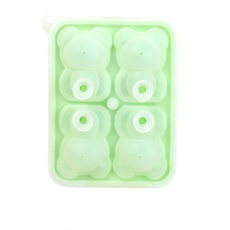 3D Food Grade Silicone Ice Mold 4Grid Bear Shape Cube Maker DIY Qme Green