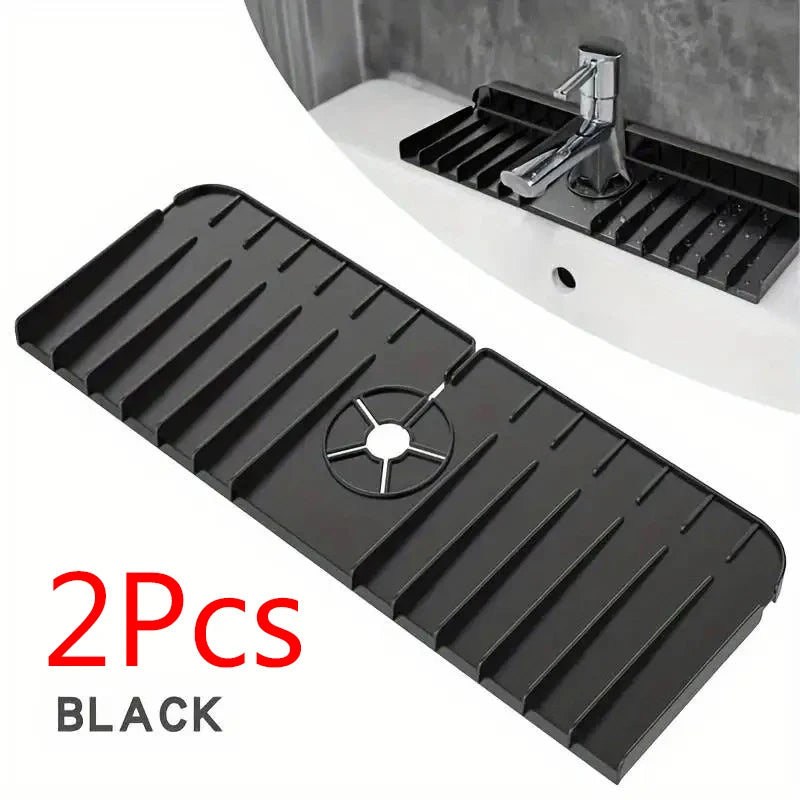 Silicone Faucet Pad Dishwashing Soap Sponge Holder Sink Kitchen Countertop Drying Pad Bathroom Kitchen Splash Proof Draina Qme Black-2PCS