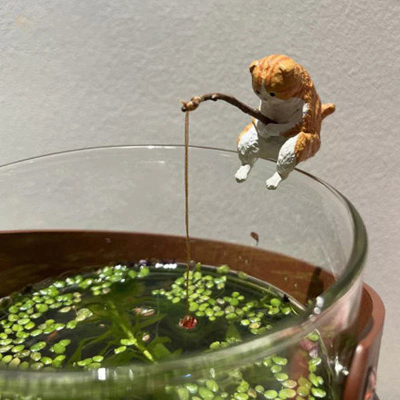 Fish Tank Fishing Cat Hanging Creative Landscape Office Ornaments Fishing Fun Mini Decorative Micro-Landscape Qme