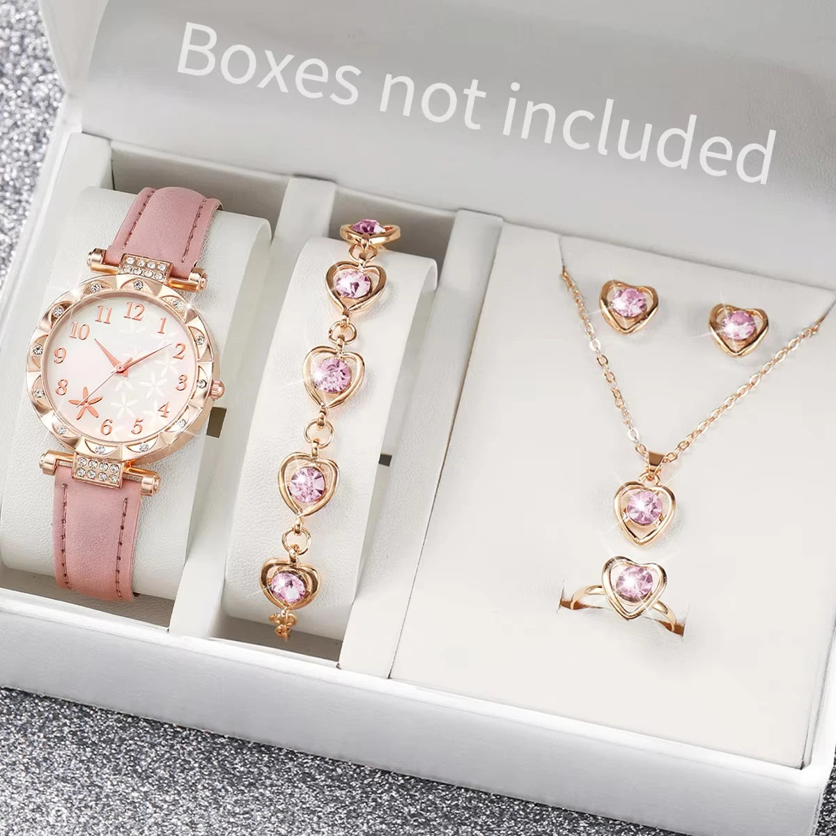 1pcs versatile and fashionable quartz watch with starfish personality and compact surface, paired with 5pcs hollow heart set Qme Pink set