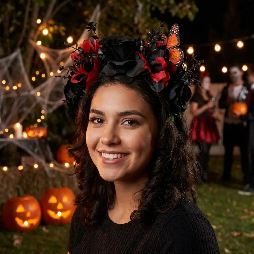 Gothic Halloween Rose Flower Crown with Butterfly Realistic Artificial Flower Headband Simulated Vintage Qme
