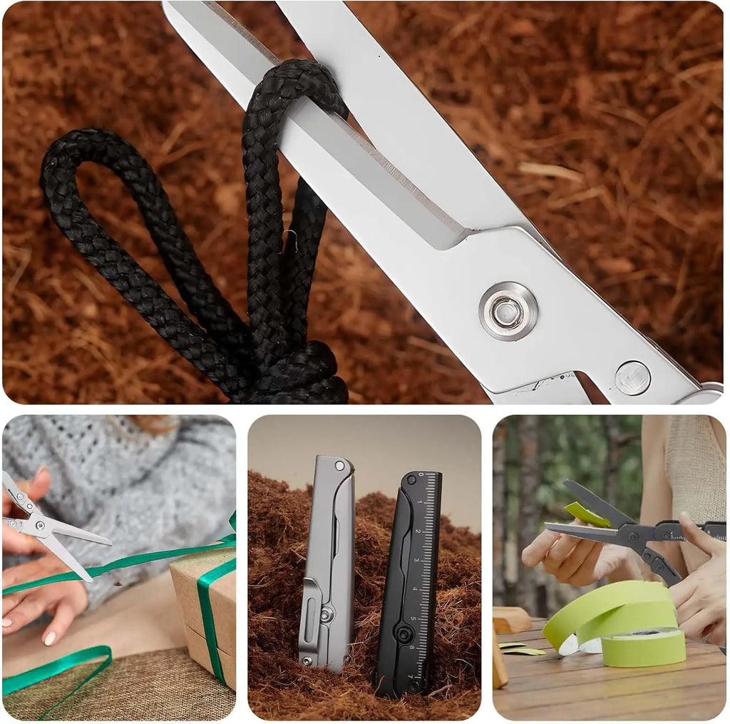Compact 2-in-1 Foldable Scissor Tape Measuring Ruler-Stainless Steel, Lightweight, Portable, Suitable for EDC Camping, Survival Qme