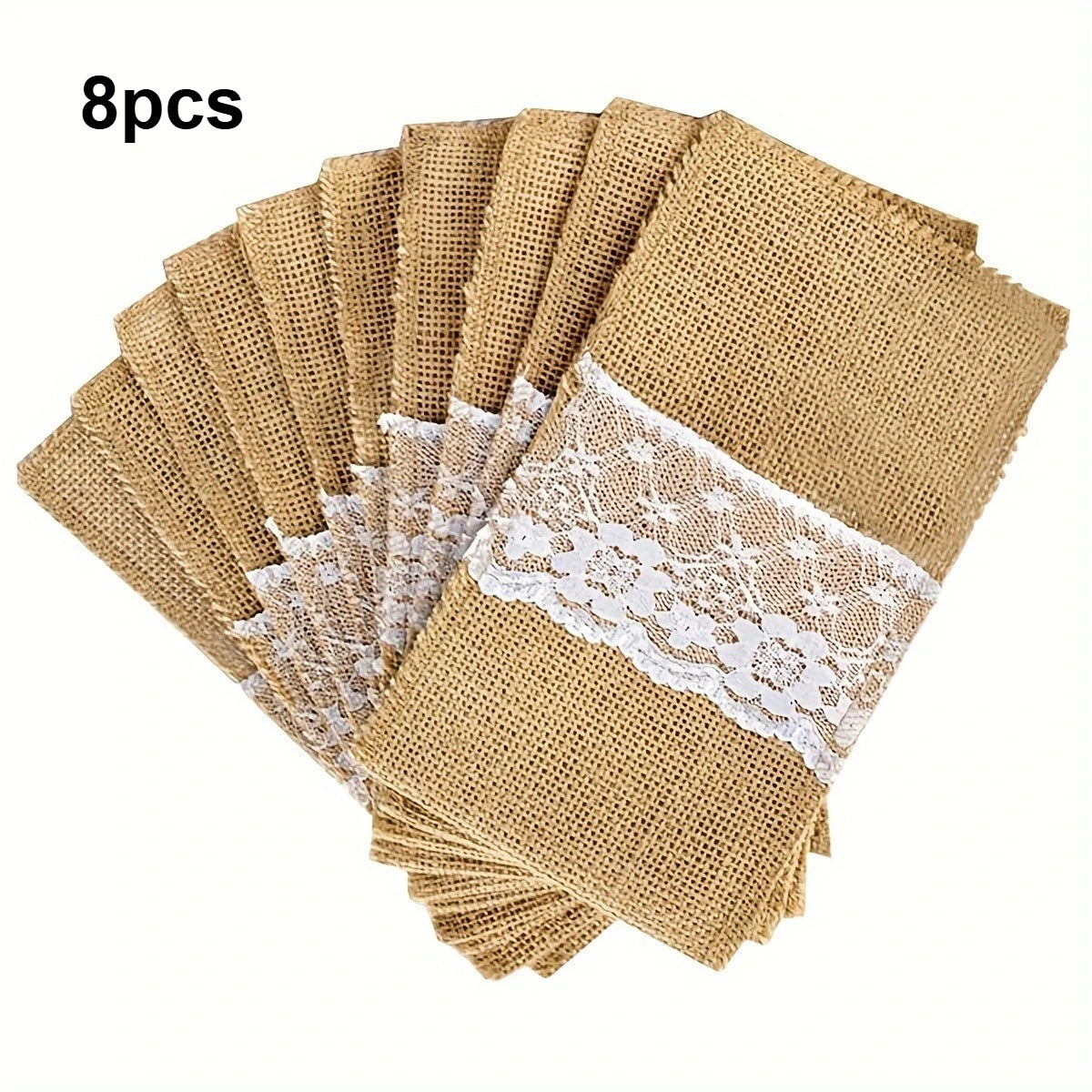 Natural burlap cutlery bag with lace silver napkin holder, wedding party bridal shower table decoration Qme 8pcs