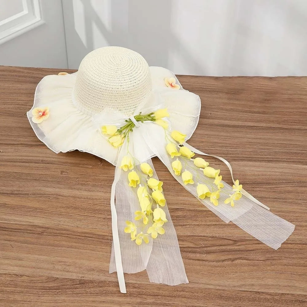 Summer Bonnet Wide Brim Straw Hat Lace Bowknot Floral Tassel Sun Cap Qme Style 5
