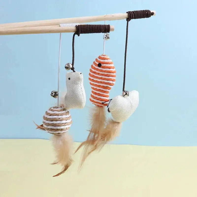 Cat Toy Cat Teaser Stick Handmade Cotton And Linen Woven Wooden Pole Cat Teaser Stick Cute Simulation Mouse Cat Interactive Toy Qme