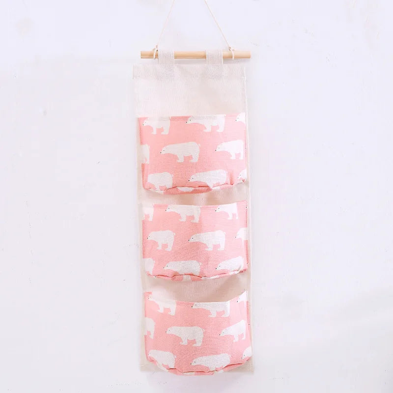 Three Pockets Hanging Wall Storage Bag Household Bedroom Living Room Kitchen Cotton Linen Storage Bag Qme PINK