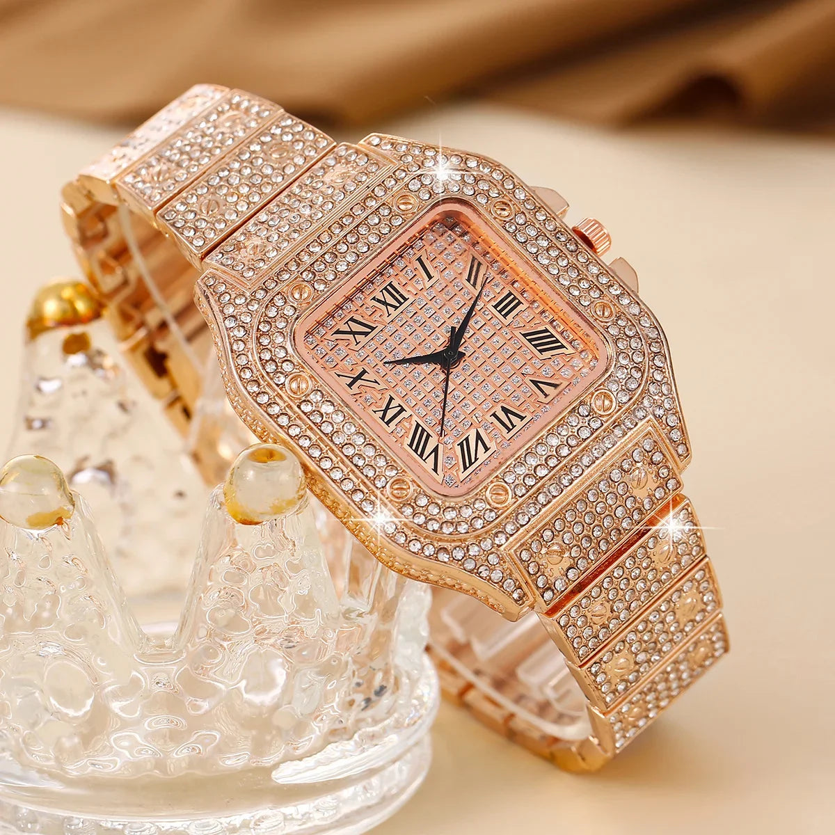 Oversize Square Dial Rhinestone Alloy Watch Fancy Women Watches Jewelry Sophisticated And Stylish Women Watch Qme Rose Gold