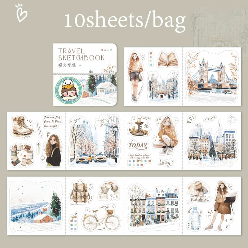 10 Sheets/Bag Travel Scrapbook Die-Cut Stickers for Planner Notebook DIY Phone Case Decoration Office Stationery Gift Qme 6