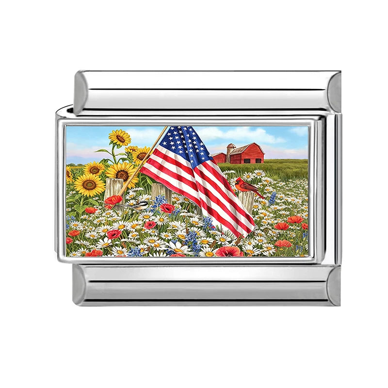 Original Design American Memorial Day Series Fresh Flower Italian Charm Links Fit 9MM Stainless Steel Bracelets DIY Making Gifts Qme Style 2