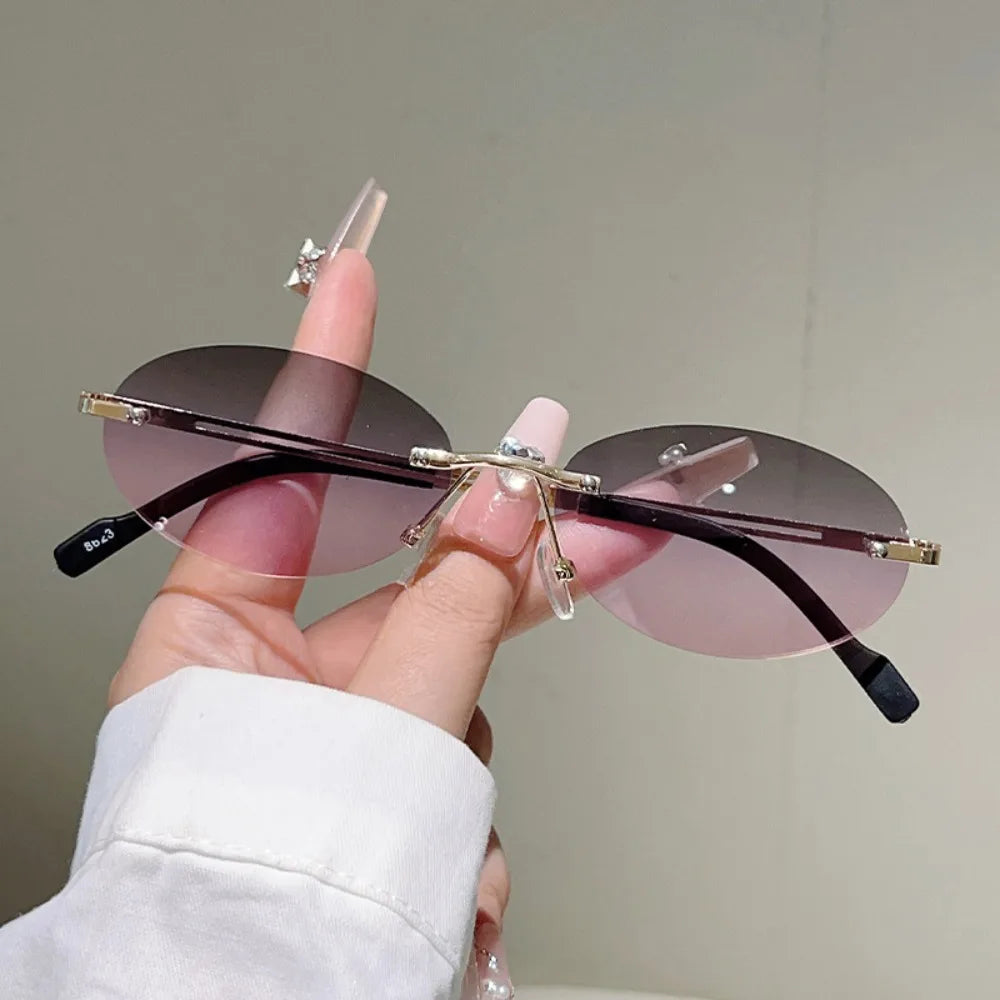 Trendy Vintage Frameless Sunglasses Metal Gradient Rimless Oval Sunglasses Small Frame Solid Color Fashion Shades Beachwear Qme Style 4 WHITE