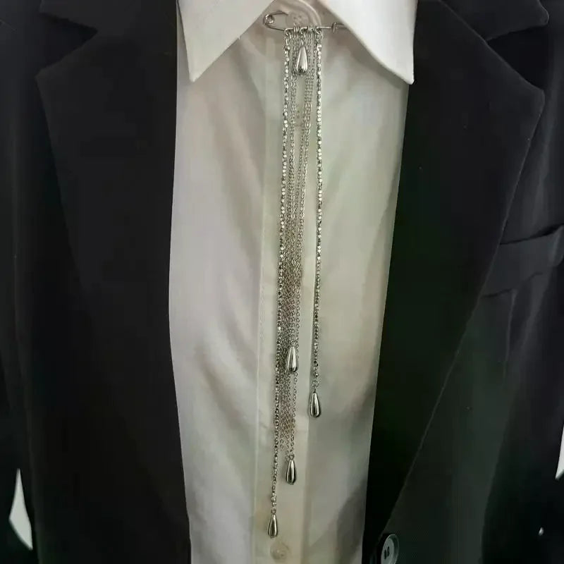 Exaggerated Water Droplet Fringe Tassel Chain Brooch Metal Chain Clothing Tie Pin Bead Fixed Ornament Banquet Party Jewelry Gift Qme