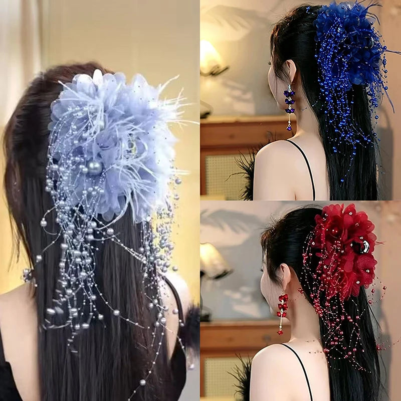 New Women's Luxury Mesh Flower Pearl Tassel Hair Clips Spring Festival Decoration Women's Fluffy Shark Hair Accessories. Qme