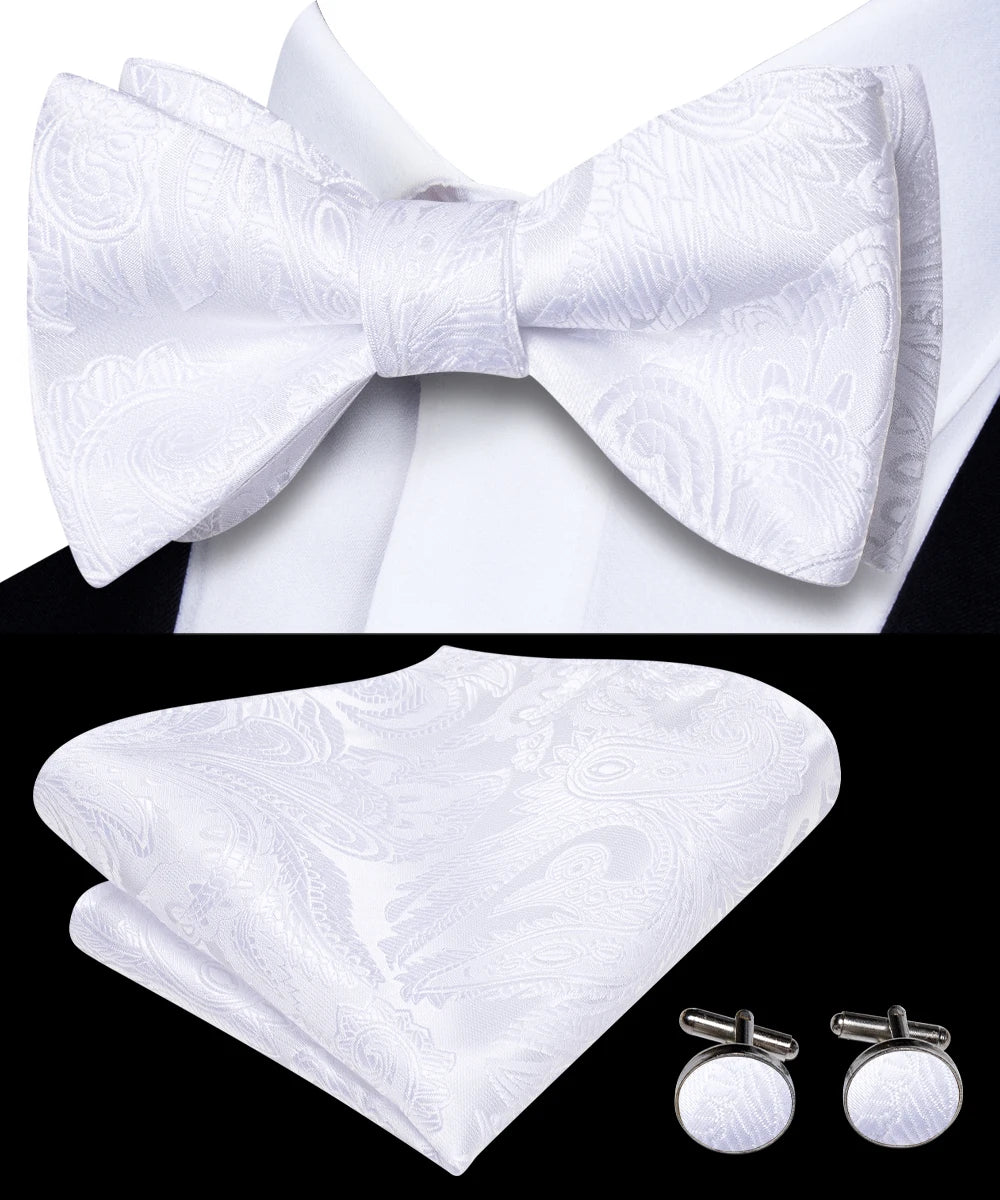 Hi-Tie Men's Bow Tie Handkerchief Cufflinks Set Paisley Jacquard Pattern Hand Tied Wedding Business Qme 2070
