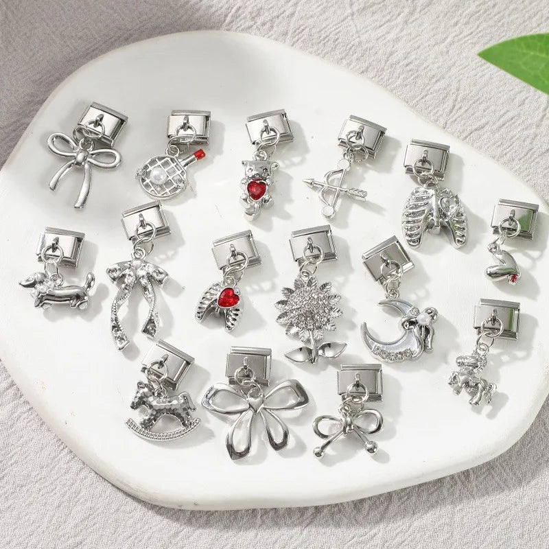 Wholesale Y2K Cute Yellow Duck PendantRed Mushroom Italian Charm Links Stainless Steel Fit 9mm Bracelet Jewelry DIY Making Gifts Qme