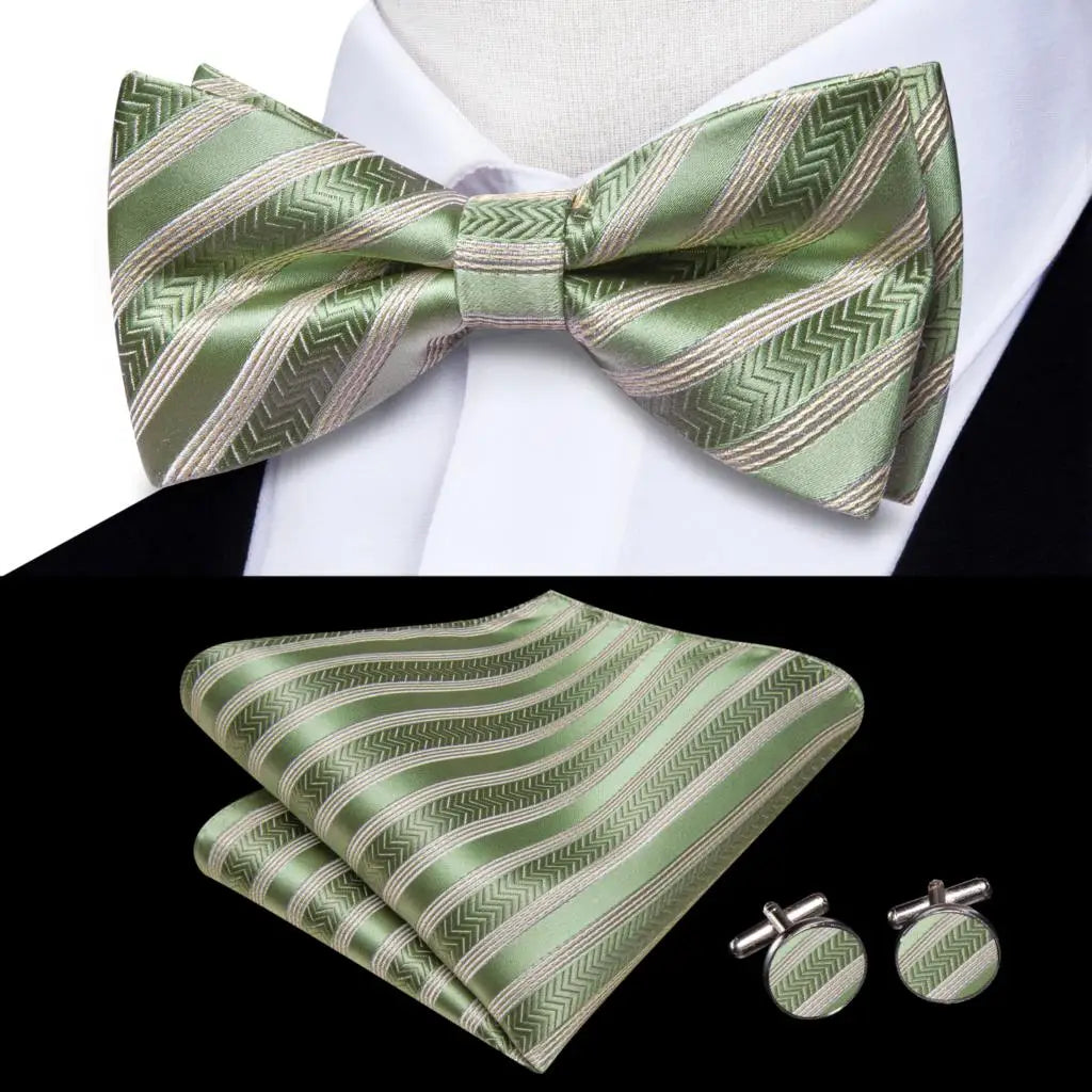 Hi-Tie Striped Black Red Mens Bow Tie Hankerchief Cufflink Pre-tied Silk Butterfly Knot Bowtie for Male Business Party Wholesale Qme S1-LH-2590