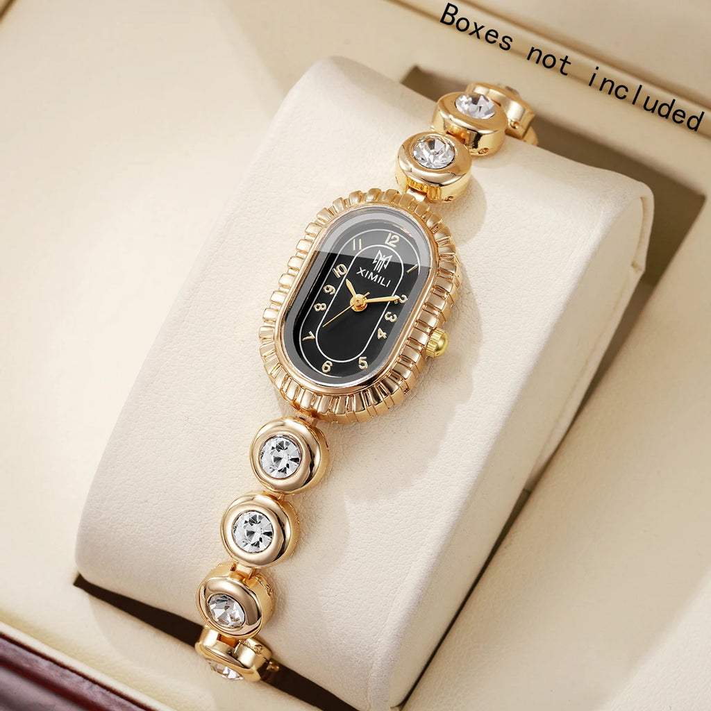 Women's Luxury Crystal Quartz Watch, Oval Black Dial with Diamond Bezel and Gold Tone Band, Casual/Office Wear Qme Gold Black No Box